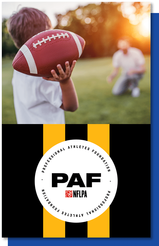Father and son playing football together with PAF logo overlay